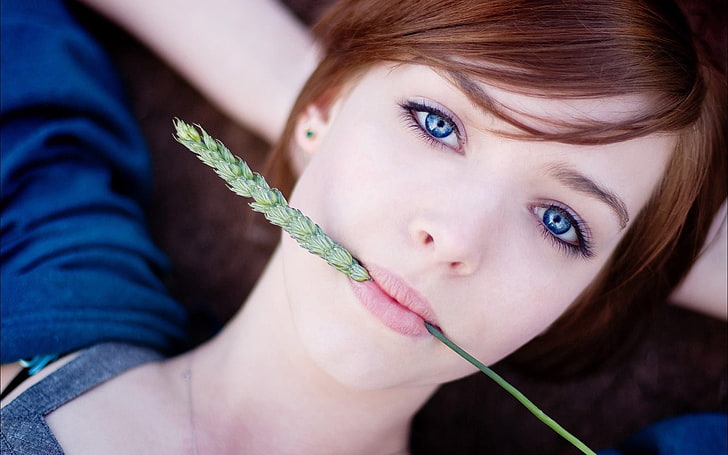 green leafed plant, women, spikelets, face, blue eyes, portrait