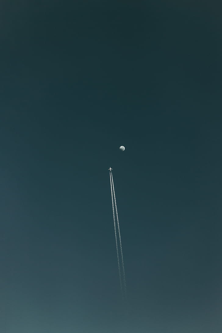 sky, airplane, clear sky, Moon, vehicle, contrails, aircraft