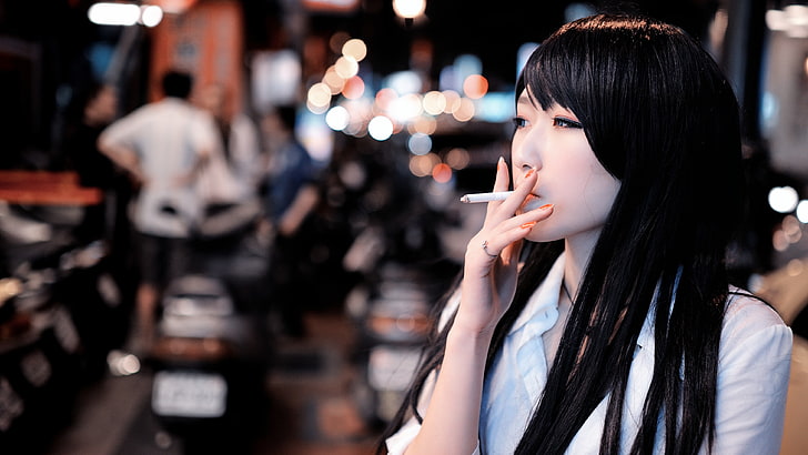 Asian, women, cigarettes, brunette, smoking, looking away, long hair, HD wallpaper