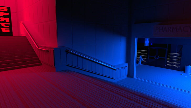 red blue stairs vaporwave, architecture, night, indoors, entrance