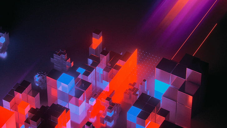 Music, Neon, Style, Cubes, Rendering, Illustration, Synth, Retrowave