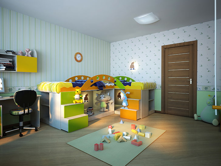 brown wooden door, design, room, Wallpaper, toys, bed, the door