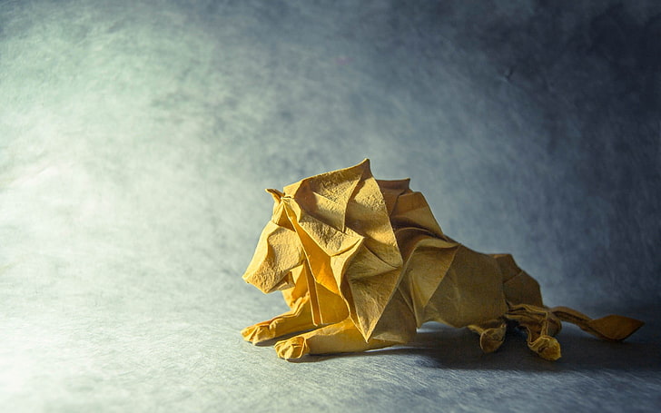 origami, paper, lion, animals, yellow, no people, gold colored, HD wallpaper