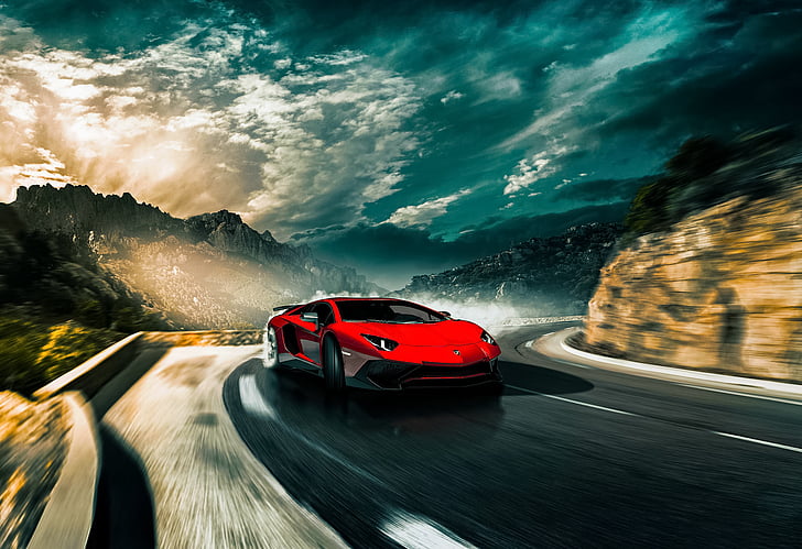 time lapse photograph of red coupe on road, Lamborghini Aventador