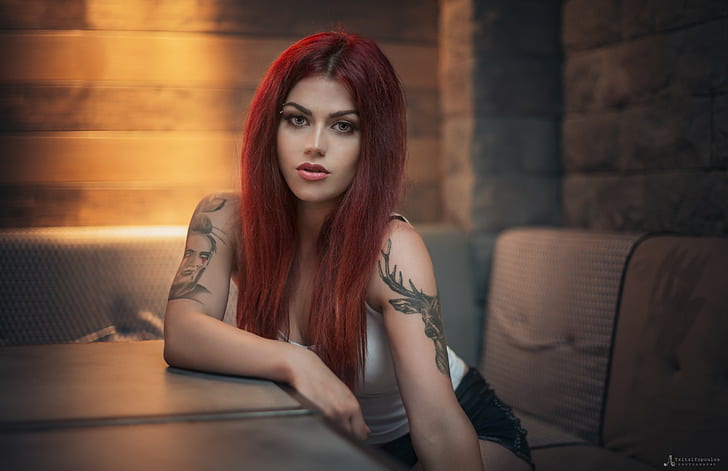 HD wallpaper: women, face, portrait, redhead, tattoo, sitting, jean ...