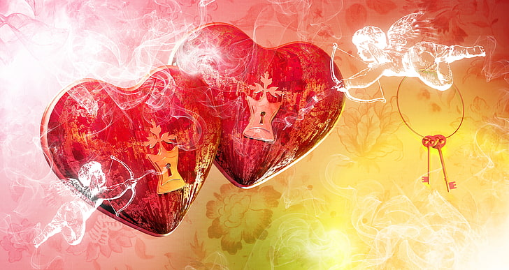 two red heart with cupid digital wallpaper, love, romance, rose