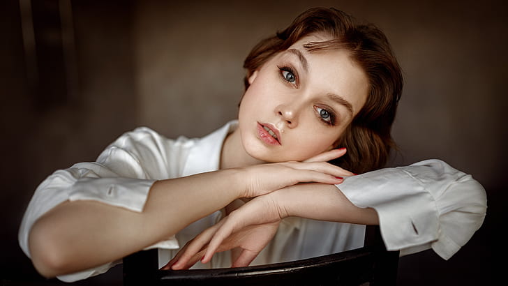Olya Pushkina, women, model, brunette, looking at viewer, gray eyes, HD wallpaper