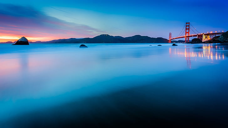 USA, California, San Francisco, Golden Gate Bridge, sunset, blue, ocean, brooklyn bridge