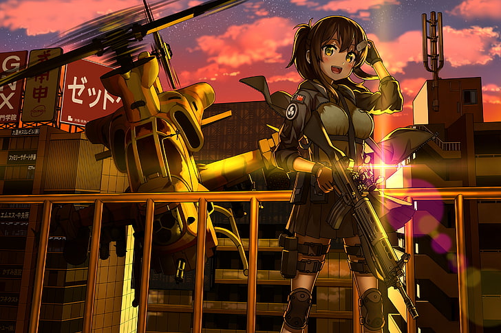 anime girl, soldier, military uniform, helicopter, smiling, HD wallpaper