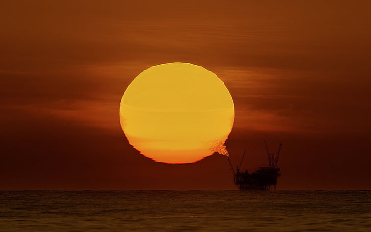 sunset, oil rig, sea, horizon, sky, orange color, water, scenics - nature