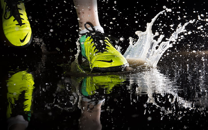 yellow-and-green Nike athletic shoes, splashing, running, sport