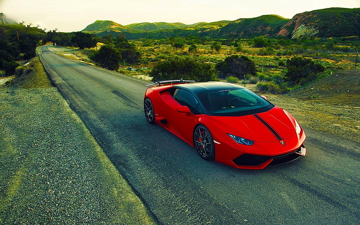 red Lamborghini Huracan, sports car, road, red cars, transportation