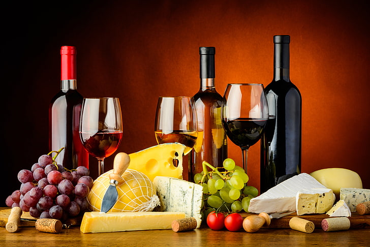 bottle, cheese, glass, grapes, life, still, wine
