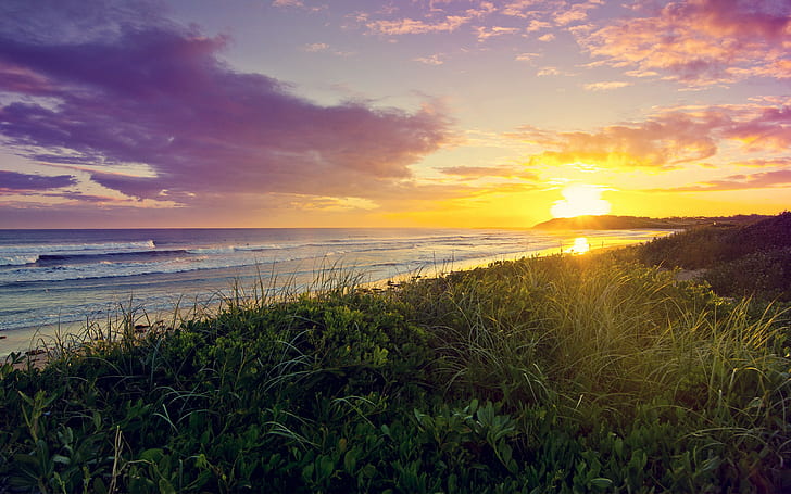nature, Sun, sunset, beach, sea, clouds, HD wallpaper