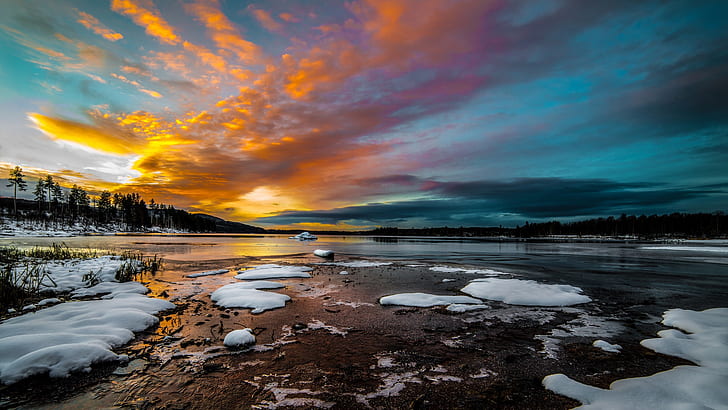 Winter, lake, snow, ice, morning, clouds, sunrise, HD wallpaper