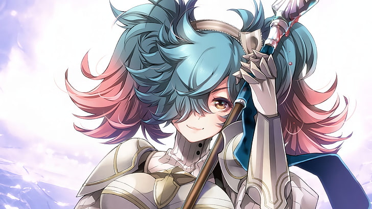 blue and red haired anime character, Pieri (Fire Emblem), spear