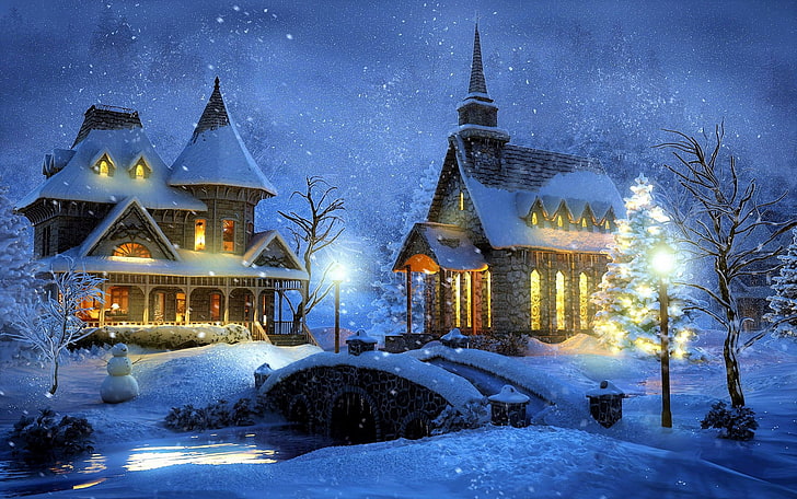 bridges, drawings, houses, new, night, snow, trees, winter, HD wallpaper