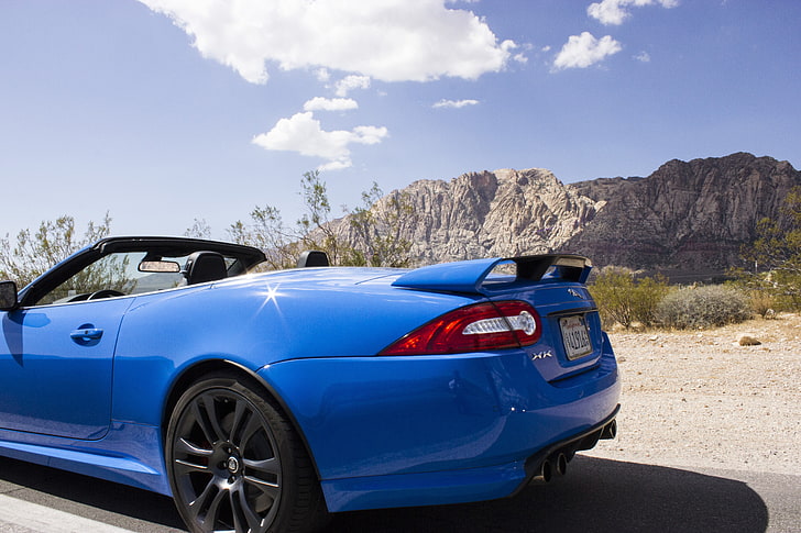 blue 5-door hatchback, Jaguar (car), sports car, desert, blue cars