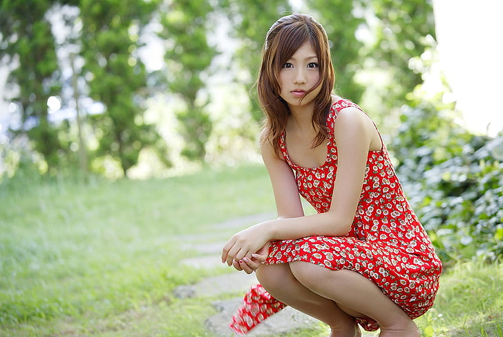 Yoko Ogura, Asian, Japanese, women, model, red dress, looking at viewer, HD wallpaper