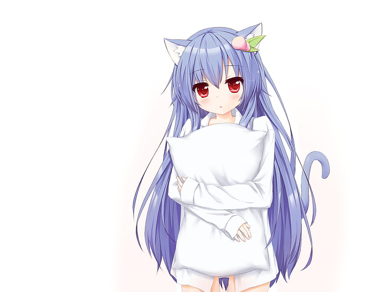 anime girls, long hair, animal ears, cat girl, blue hair, pillow, HD wallpaper