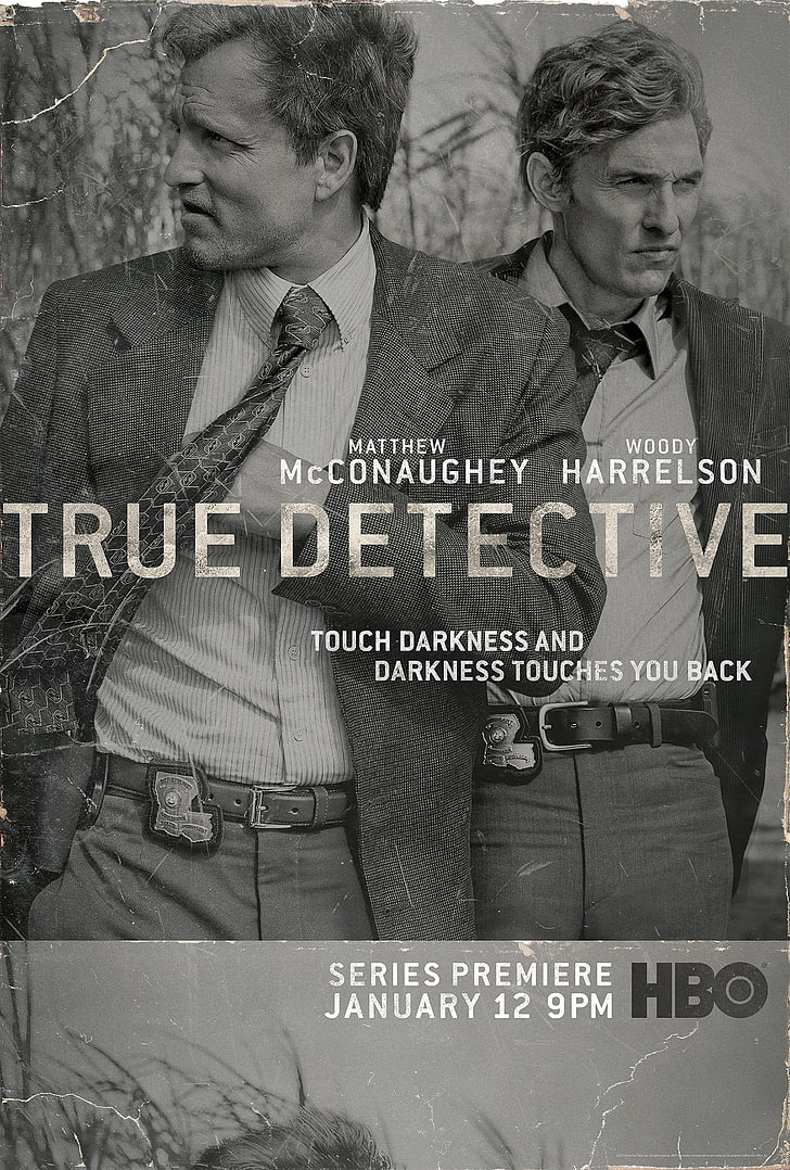 True Detective poster, Woody Harrelson, Matthew McConaughey, monochrome
