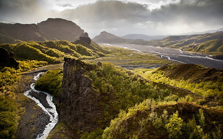 mountain range, nature, landscape, Iceland, river, hills, forest