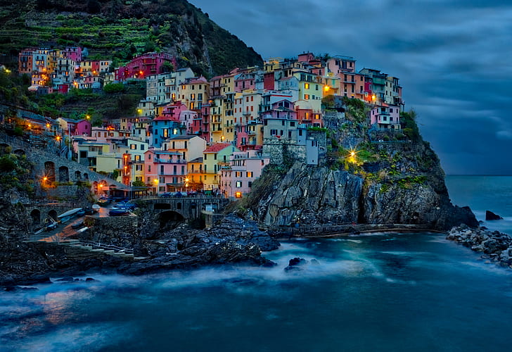 panoramic photography of Cinque Terre, Evening Falls, Terra, Italy, HD wallpaper