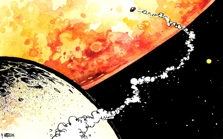 black outer space red yellow planets smoke calvin and hobbes spacescape spaceman spiff 1920x1200 Space Moons HD Art