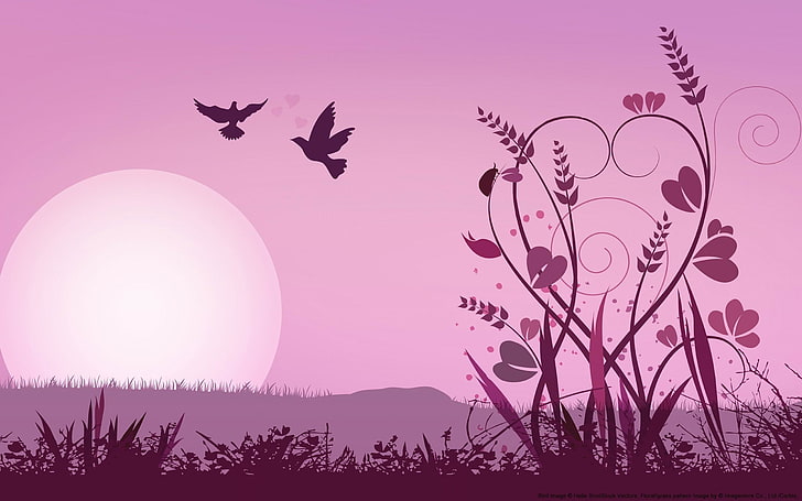 Love birds-2013 romantic Valentines Day wallpaper, two birds flying with moon background silhouette illustration