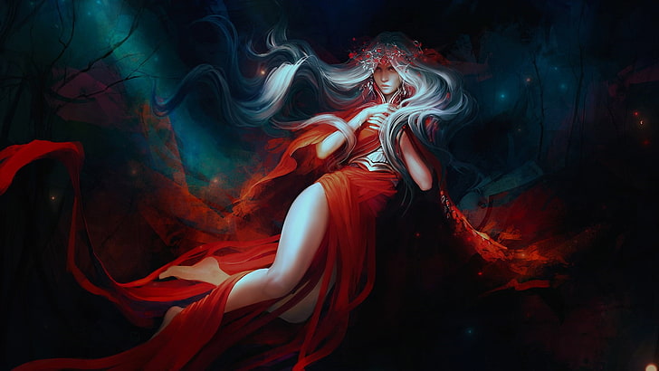 mythology, silk, red dress, mystical, demoniac, illustration, HD wallpaper