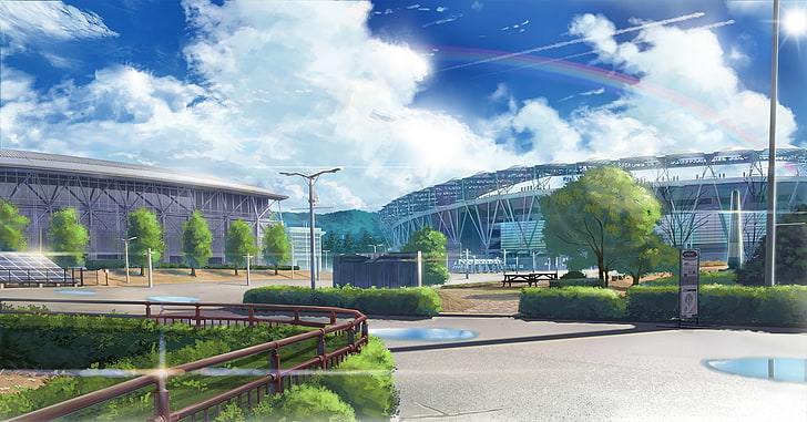 anime stadium, rainbow, scenic, clouds, sky, architecture, cloud - sky