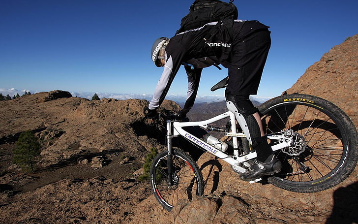 black and white full-suspension bike, cannondale, sport , mountain bikes, HD wallpaper