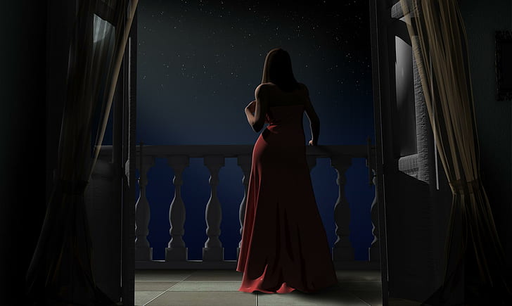 Girl On Balcony, moon, night, 3d and abstract, HD wallpaper
