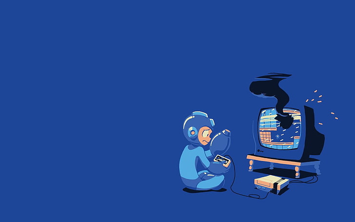 Megaman illustration, Mega Man, Nintendo, blue, copy space, colored background, HD wallpaper