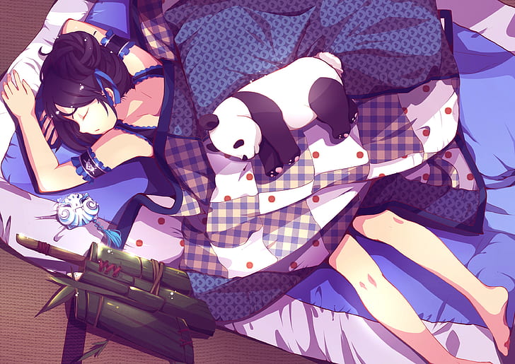 A little girl playing with a panda - Anime wallpaper