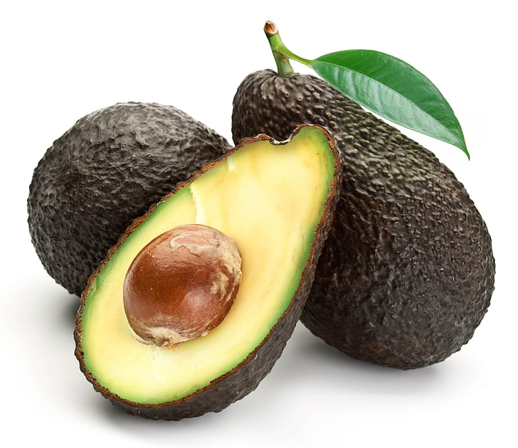 black avocados, cut stone, leaves, food, fruit, freshness, guacamole