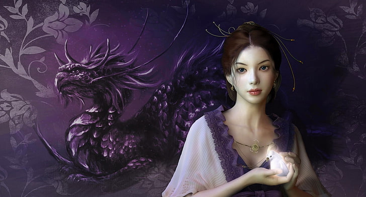 HD wallpaper: fantasy, purple, girl, digital, dragon, woman, pretty, art |  Wallpaper Flare
