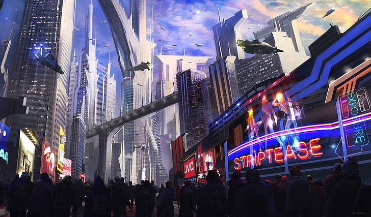 sci fi cityscape wallpaper, futuristic, neon, aircraft, building exterior, HD wallpaper
