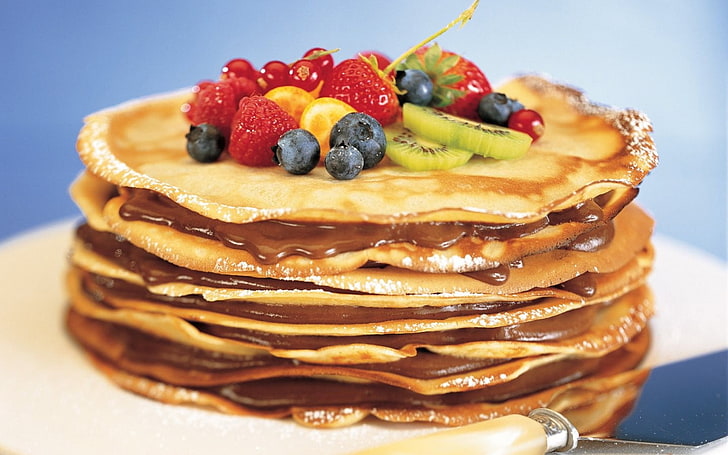 pancake with blueberries and strawberries, food, pancakes, breakfast