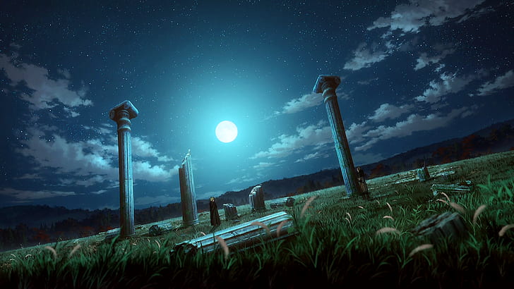 Vinland Saga, landscape, ruins, night, night sky, Moon, stars, HD wallpaper