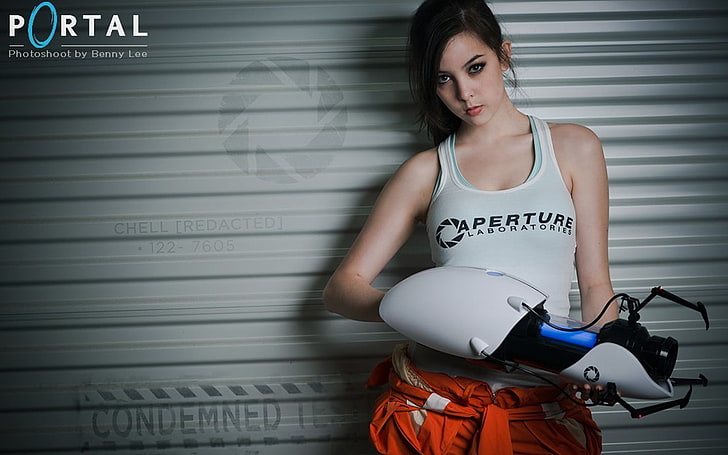 women's white tank top, video games, Portal 2, Chell, Valve Corporation, HD wallpaper