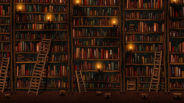 library, cartoon, books, candles, ladder, ladders, biblioteca, HD wallpaper