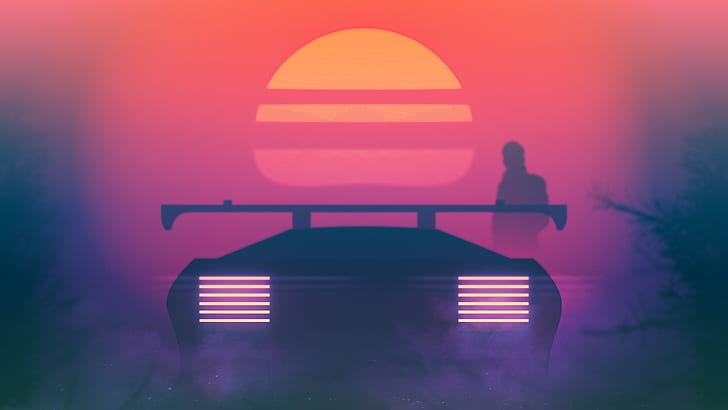 Sunset, The sun, Auto, Music, Machine, Star, Background, 80s