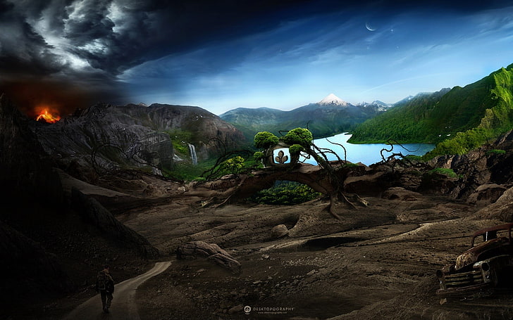digital wallpaper of forest near body of water game application