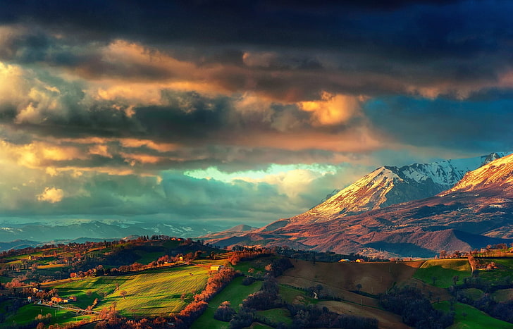 mountain painting, landscape, Italy, valley, overcast, fall, snowy peak, HD wallpaper