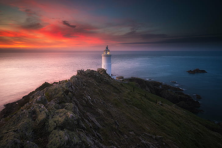 landscape photo of white lighthouse, Dawn, com, devon, start  point  lighthouse