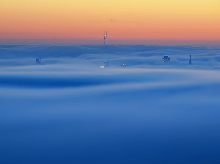 October Fog, communication tower covered by fog, Nature, Sun and Sky, HD wallpaper