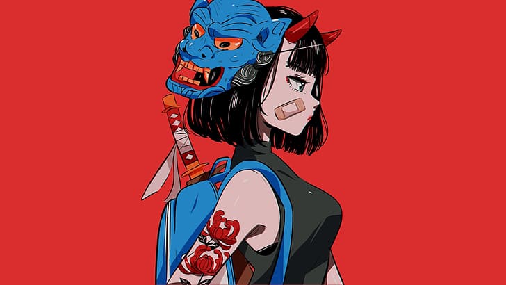anime girls, Demon Hunter, Japanese Art, girl with sword, minimalism