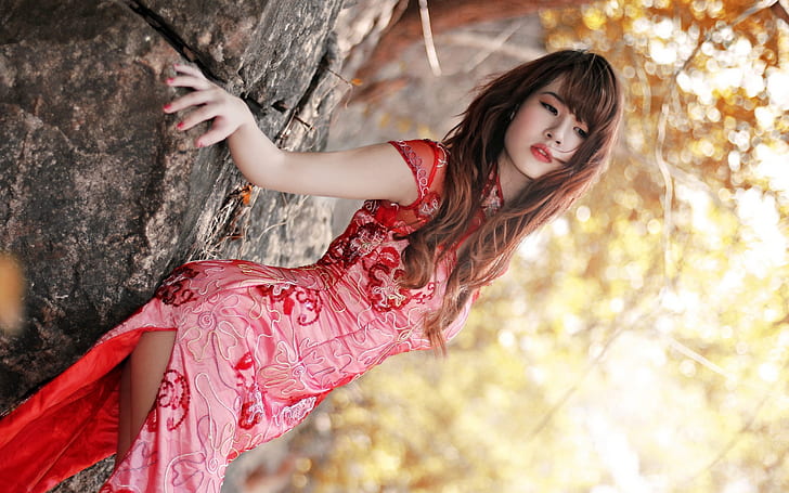 Red cheongsam asian girl, HD wallpaper
