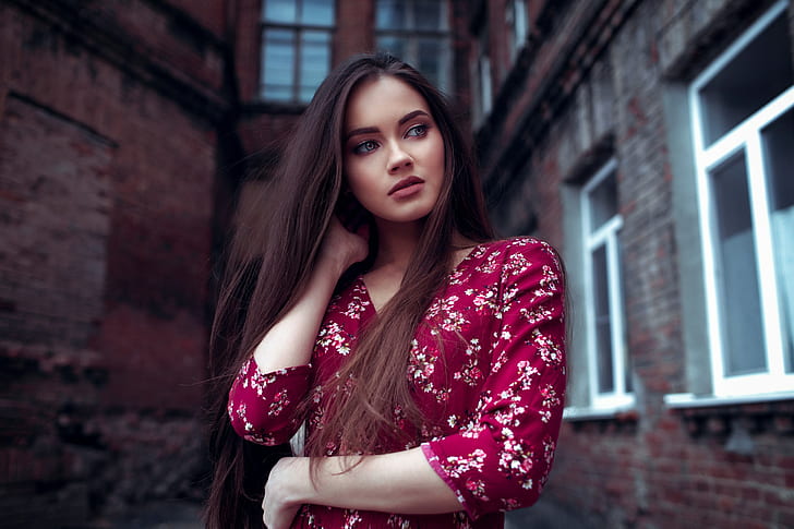 Lenar Abdrakhmanov, women, model, portrait, brunette, looking into the distance, HD wallpaper